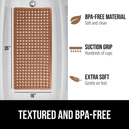 GORILLA GRIP Patented Bath Tub Shower Mat, Machine Washable Bathtub Floor Liner Mats, Suction Cups and Drain Holes to Keep Tubs Clean, Soft on Feet, Bathroom Essentials, 35x16 Inch, Brown