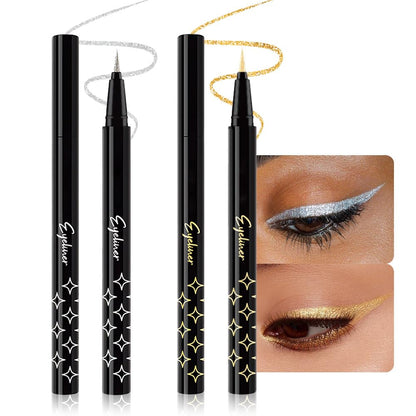 2PCS Metallic Glitter Colored Liquid Eyeliner Pens Set04 – Waterproof Mark Silver White or Gold Long-Lasting Sparkly Eye Makeup – Tattoo-Effect Ink Liners for Women & Men,Delineador Líquido con Brillo
