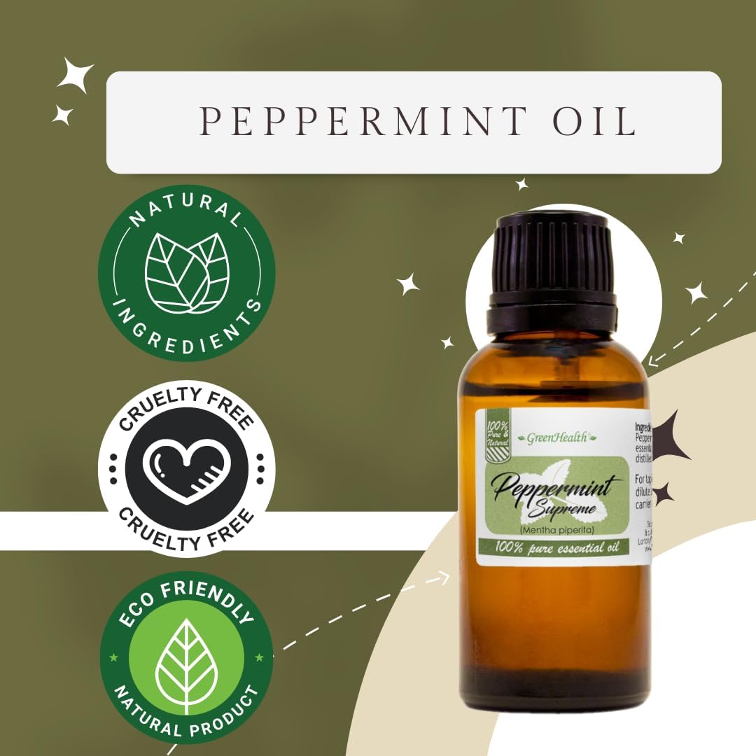Peppermint Essential Oil – 100% Pure Mentha Piperita – GreenHealth – 8 fl oz (237 ml) Aluminum Bottle with Plug Cap – Aromatherapy, Diffusers, DIY, Candles, Fresh Home Scent