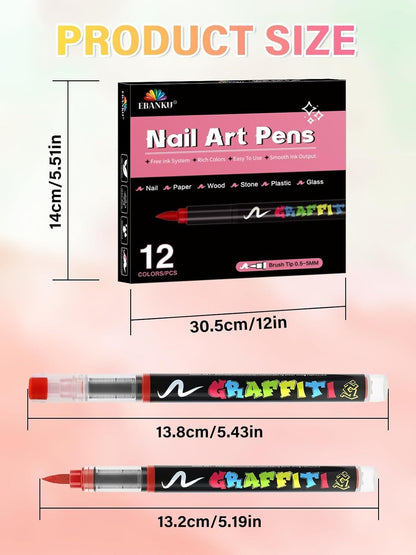 EBANKU Nail Art Pens Beauty Gift Set, 12 Colors Quick Drying Soft-Tip Nail Polish Pens 3D Acrylic Paint Nail Pens for Nail Art Color-fast Nail Point Dotting Liner Pen Sets for Home & Salon Nail DIY