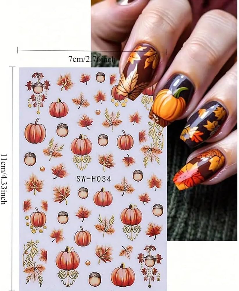 Fall Nail Stickers Maple Leaf Pumpkin Nail Art Decals Autumn Glitter Leaves Pine Nut Pumpkin Nails Design Self-Adhesive Nail Art Supplies Thanksgiving Gold Yellow Maple Leaf Stickers for Nails DIY