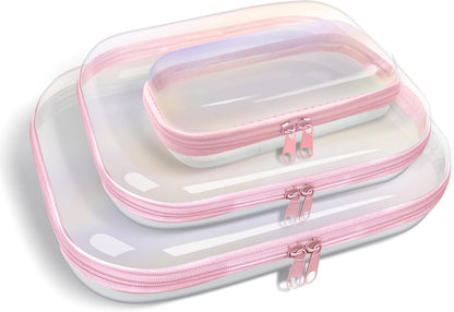 Clear Hard Plastic Zipper Case,Transparent Double Zippers Hard Pouch with 3pcs,Portable Travel Organizer Bin for Toy Storage