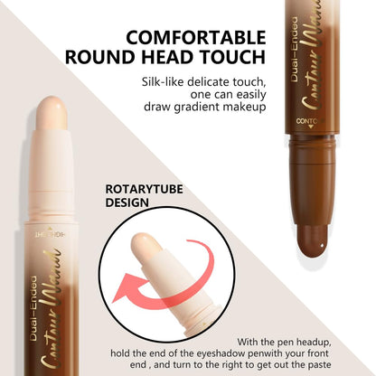 2Pcs Cream Contour Stick Face Body Makeup Dual Ended, Nude Light Beige & Nude Brown no Transfer Waterproof 2 in 1 Cream Concealer Stick Contouring Makeup Set, Nose Contour Bronzer Sticks Highlighter