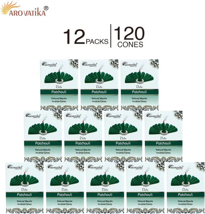 ARO VATIKA Vedic Patchouli Natural Masala 120 Incense Cones in Pack of 12 Boxes| Environment-Friendly Dhoop- Best for Prayer, Reiki, Meditation and Relaxation | Burn Time- 25 mins