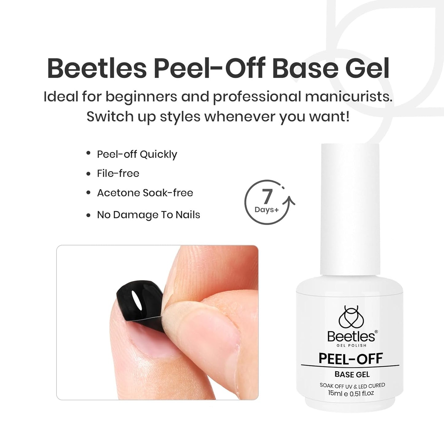 Beetles Peel Off Base Coat and Top Coat Gel Nail Polish Set, 2Pcs 15ml Peelable Base Gel and Top Coat Easy Removal, UV LED Lamp Peel off Nail Polish without Damage for Beginners Weak Thin Nails