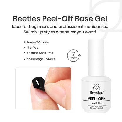 Beetles Peel Off Base Coat and Top Coat Gel Nail Polish Set, 2Pcs 15ml Peelable Base Gel and Top Coat Easy Removal, UV LED Lamp Peel off Nail Polish without Damage for Beginners Weak Thin Nails