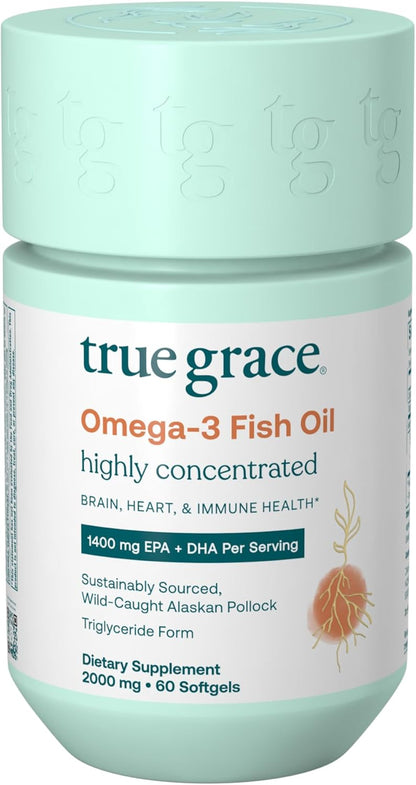 True Grace Omega-3 Fish Oil - 60 Softgels - 1400 mg EPA + DHA - Brain, Heart, Joint & Immune Health - Organic, Gluten Free, Soy Free