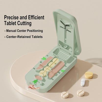 Precision Pill Cutter with Centering Guide - Multi-Angle Tablet Splitter for 1/2, 1/3 & 1/4 Cuts, Includes Pill Crusher & Storage Compartment (Green)