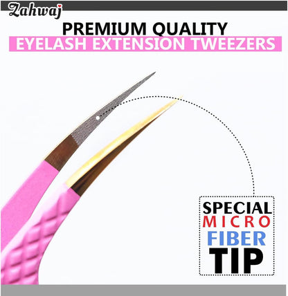Lash Tweezers - Set of 5 Diamond Grip Eyelash Tweezers - Stainless Steel Professional Fiber Tip Lash Tweezer for Eyelash Extensions (Pink)