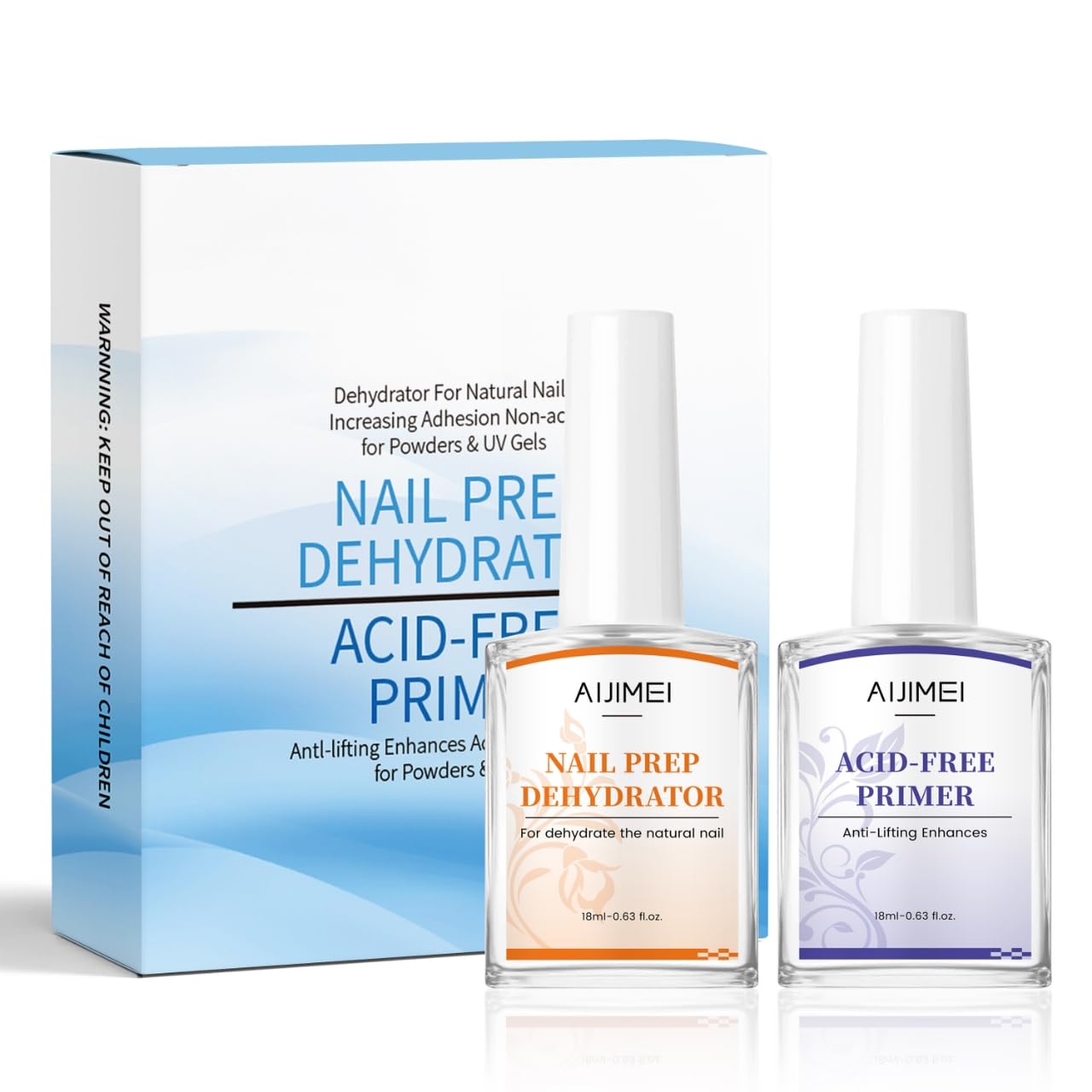 AIJIMEI Professional Natural Nail Polish Dehydration and Acid Free Primer for Acrylic Acid and Gel Nail Polish, Quick Drying Advanced Adhesive Set（18ml/0.63fl.oz)
