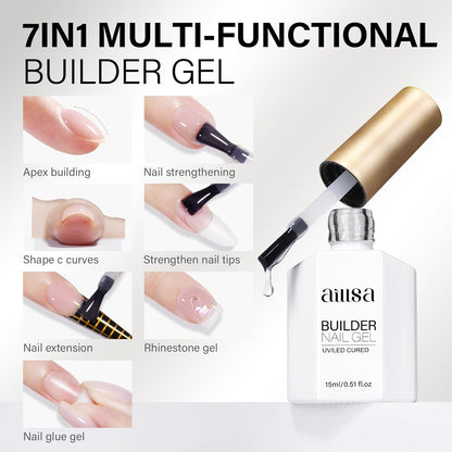 AILLSA Clear Builder Gel 7 In 1 Hard Gel Polish for Thickening Natural Nails Transparent Extension Gels Strengthener Gels Nail Polish Rhinestone Glue for Nail Art Base Coat Needed 0.51 Oz