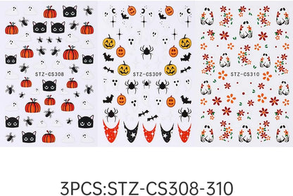 3 Pcs Halloween Nail Art Stickers Decals Cute Ghost Pumpkin 3D Self Adhesive Nail Decals Flower Ghost Nail Design Pumpkin Cats Spider Bats French Manicure Supplies for Women Nail Decor