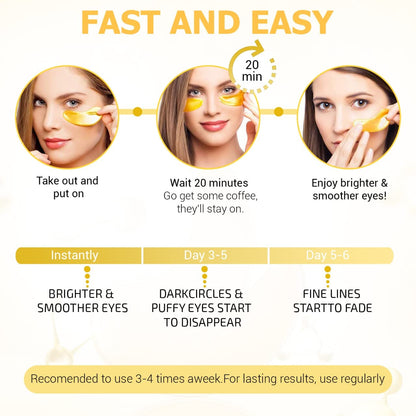 24K Gold Eye Masks for Dark Circles and Puffiness (6 Pairs) with Collagen, Aloe Vera & Hyaluronic Acid-Anti-Aging Under Eye Patches for Dark Circles and Puffiness-Reduce Wrinkles