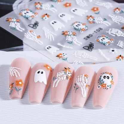 4 Sheets Halloween Nail Stickers for Nail Art Scary Black Cat Mummy Spider Web Nail Art Stickers 5D Spider Pumpkin Nail Decals Self-Adhesive Ghost Skeleton Nail Supplies for Women Nails Decoration