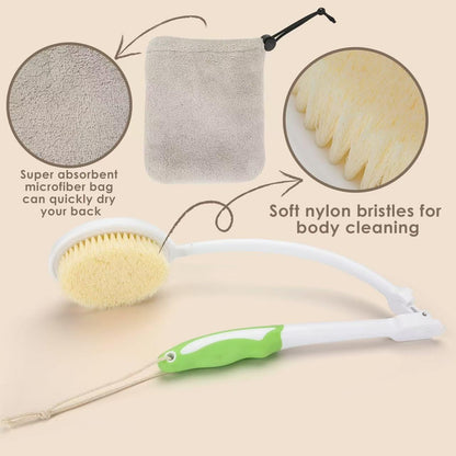 Back Scrubber Bath Brush for Shower Curved Long Handle, Foldable Handled Shower Body Brush Whith Absorbent Microfiber Bag Can Quickly Dry Your Back