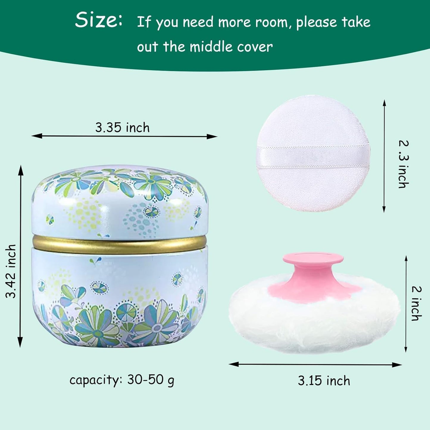 Body Powder Puff and Container for Dusting Powder, Women Powder Puff and Powder Case for Bath and Travel (Light Green)