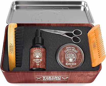 Viking Revolution Ultimate Grooming Kit for Men - Boar Brush, Wood Comb, Sandalwood Balm & Oil, Scissors for Beard & Mustache
