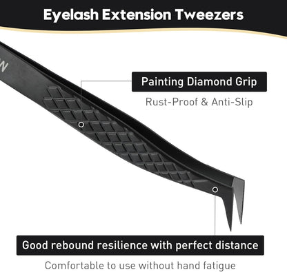 Ms.Queen Fiber Tip Lash Tweezers, Precise Diamond Grip L-Shape Boot Volume Eyelash Extension Tweezers,Black