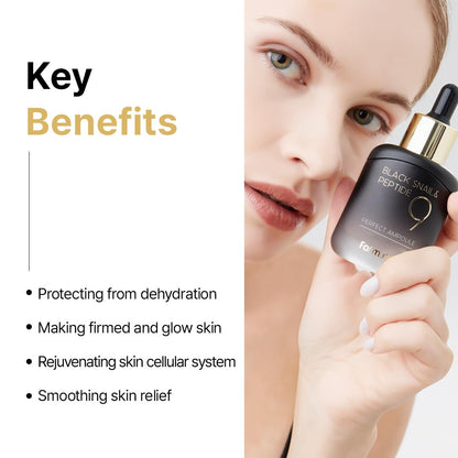 Farmstay Black Snail & Peptide9 Perfect Ampoule, Korean Snail Mucin Serum for Elastic & Glow Skin, Boosting Radiance & Repairing Skin Barrier Serum, for Women & Men, Korean Skin Care, 1.18 Fl. Oz.