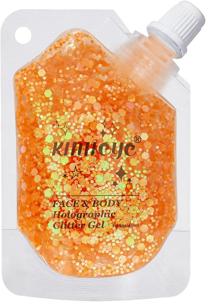 Holographic Face Glitter Gel Body Shimmer Makeup for for Hair, Face, Clavicle, Arm, Nail, Eyeshadow, Long Lasting Waterproof Mermaid Sequins Party Glitter for Rave Festival, 1.35oz (Luminous Orange)