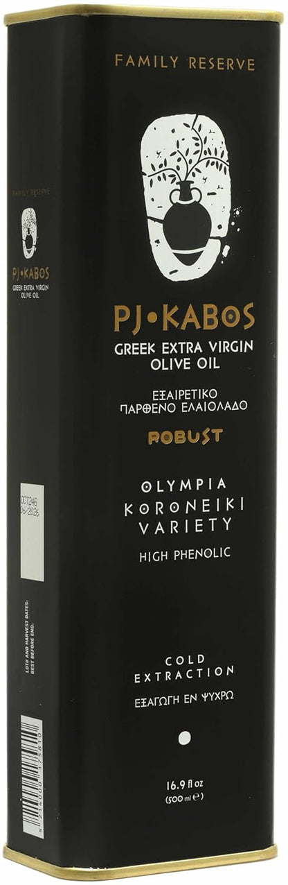 P.J. KABOS 2024/25 Harvest, Very High Phenolic (750+mg/kg), Natural Greek Extra Virgin Olive Oil, Kosher, Greece, Cold Extracted, 16.9 oz Tin, "Family Reserve - Robust"