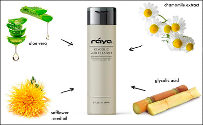 Raya Glycolic Mud Facial Cleanser with AHA 8 oz (G-103) | Exfoliating pH Balanced Facial Cleansing Fluid for Non Sensitive, Dry and Combination Skin | Made with Alpha Hydroxy Acid and Volcanic Mud