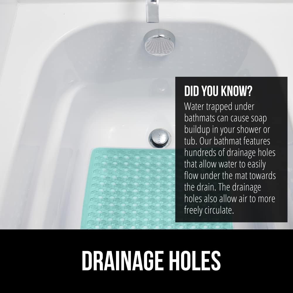 GORILLA GRIP Patented Bath Tub Shower Mat, Machine Washable Bathtub Floor Liner Mats, Suction Cups and Drain Holes to Keep Tubs Clean, Soft on Feet, Bathroom Essentials, 35x16 Inch, Clear Green