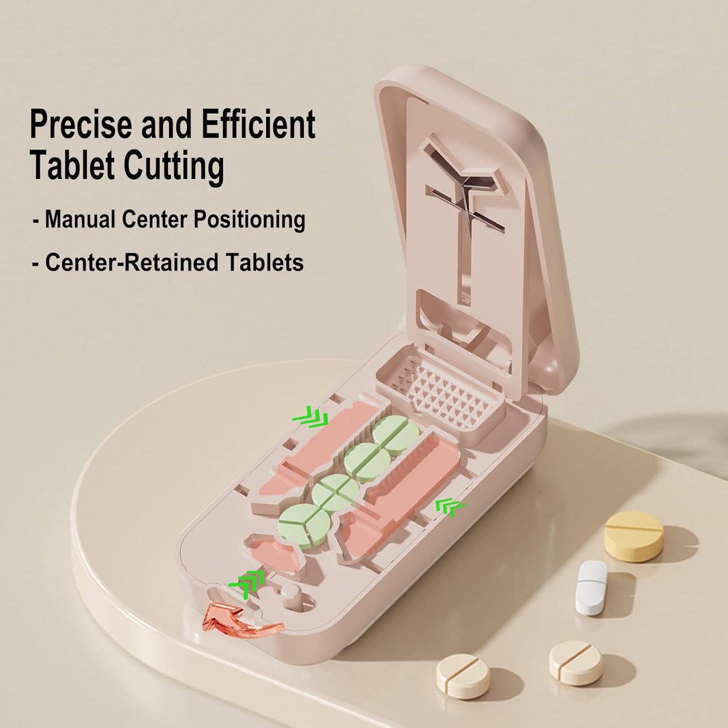 Precision Pill Cutter with Centering Guide - Multi-Angle Tablet Splitter for 1/2, 1/3 & 1/4 Cuts, Includes Pill Crusher & Storage Compartment (Pink)
