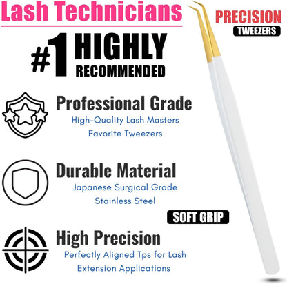 My Lash Tools Eyelash Extension Curved Degree Tweezers for Isolation Lash Extensions 14cm Best for Individual Isolation & Classic Lashes Japanese Stainless Steel Eyelash Twisers (Matte White Gold Tip)