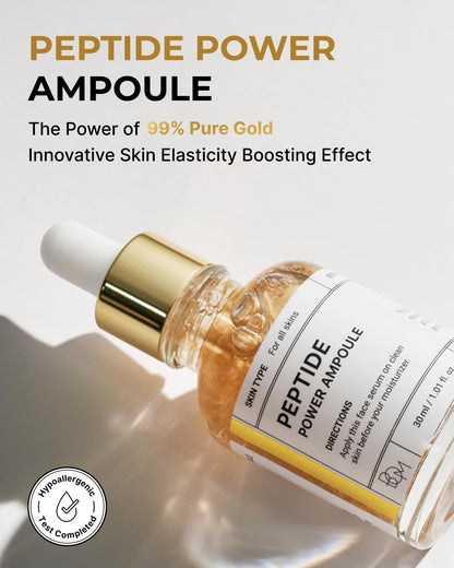 BOM COSMETICS Peptide Power Ampoule 1.01 Fl Oz, Penta-Peptide with 24k Gold Thread and 99% Pure Gold for Skin Collagen Boost, Firming Serum to Improve Elasticity and Radiance, Korean Skin Care