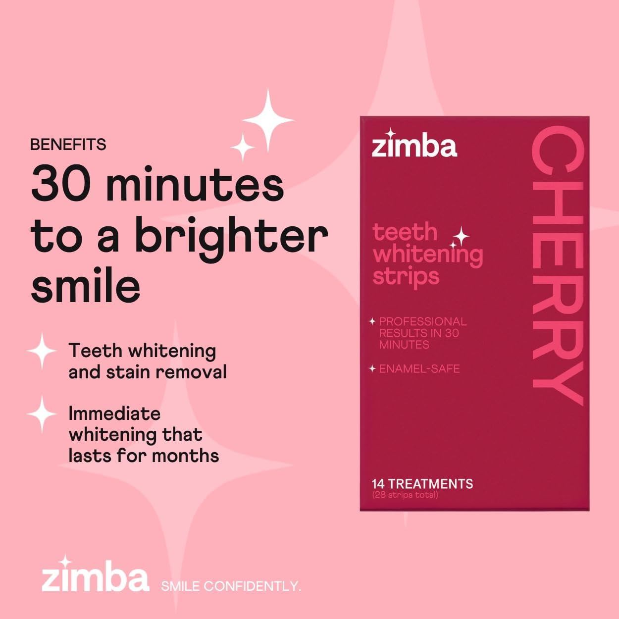 New Zimba Cherry Flavored Teeth Whitening Strips | Vegan, Enamel Safe Hydrogen Peroxide Teeth Whitener for Coffee, Wine, Tobacco, and Other Stains | 14 Day Treatment | Cherry