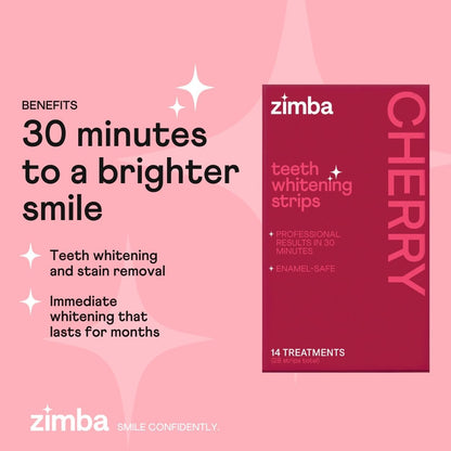New Zimba Cherry Flavored Teeth Whitening Strips | Vegan, Enamel Safe Hydrogen Peroxide Teeth Whitener for Coffee, Wine, Tobacco, and Other Stains | 14 Day Treatment | Cherry