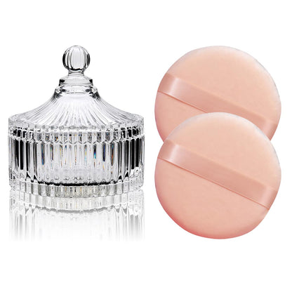 2 Pack Extra Large 5.2" Beige Powder Puffs and 5.3" Glass Container – Oversized Soft Body & Face Large Powder Puff Dusting Powder Jar Holder Case(Clear Glass)