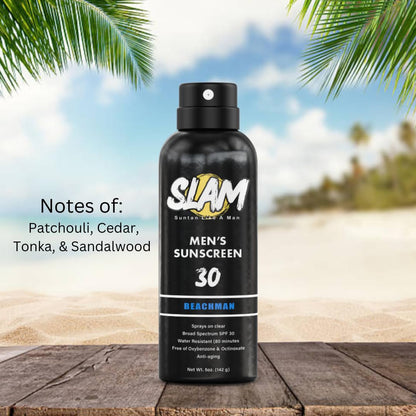 SLAM BeachMan Men's Scented Sunscreen Spray SPF 30 – Broad Spectrum Sun Screen for Face & Body, Water & Sweat Resistant Spray Sunscreen SPF 30, UVA/UVB Protection, Mens Sunblock