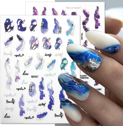 6 Color Marble Nail Art Stickers - Women's 3D Bronzing Silver & Watercolor Blooming Decals - Self Adhesive Foil Nail Designs