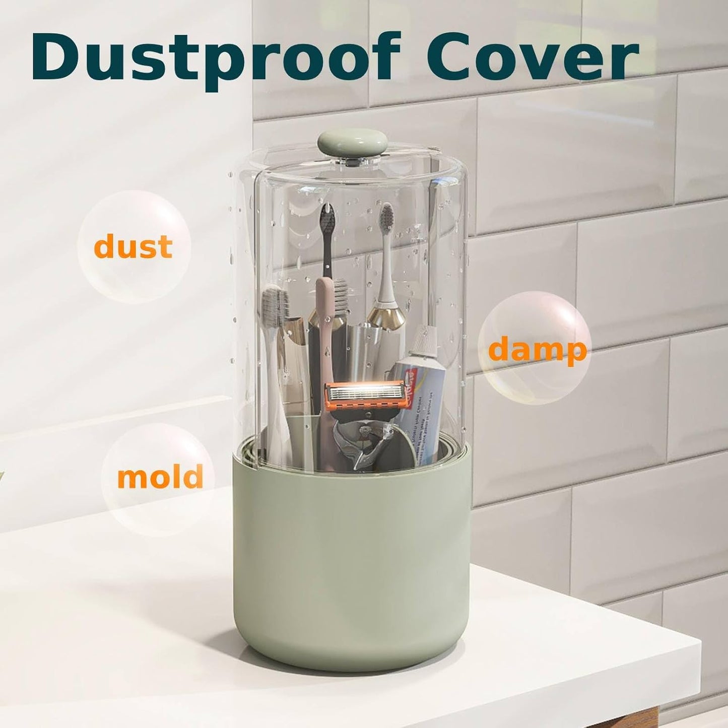 Toothbrush Holder with Cover 360 Rotating 4 Compartments Bathroom Toothpaste Electric Toothbrush Organizer, Light Green