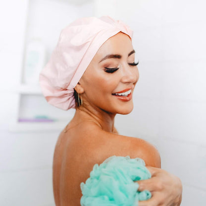 Gimme Beauty - Lined Shower Cap for Women and Men - Sleek Waterproof Shower Cap for Long Hair or Dry Styles - Reusable & Fast Drying with a Silicone Leak Proof Lining - Soft Pink (1 Count)