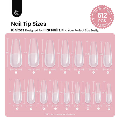 Beetles Tipex Instant Apex Nail Tips, 2 Boxes 256 PCS (Total 512 PCS), Pre-etched Long Coffin Acrylic Gel Nail Tips, Thick Clear Full Cover False Nails