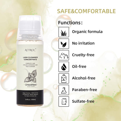 Eyelash Shampoo Concentrate 100ml Lash Extensions Cleanser Concentrate Unscented Natural Foaming Shampoo DIY Wash for Extensions Lashes with Salon Home Care-Makes 60ml Bottles