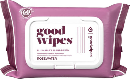 Goodwipes Flushable Butt Wipes Made with Vitamin E & Aloe – Soft & Gentle Wet Wipe Dispenser for Home Use, Septic & Sewer Safe – Largest Adult Toilet Wipes – Rosewater, 60 Count