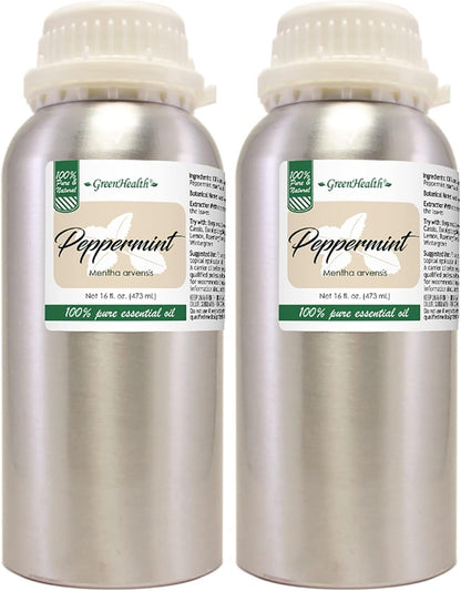 2 (Two) Bottles - 16 fl oz Peppermint Essential Oil (100% Pure & Uncut), Aluminum Bottle - GreenHealth