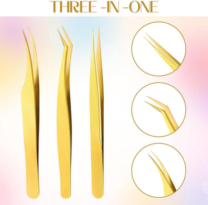 3 PCS Lash Tweezers for Eyelash Extensions, High Precision Gold Metal Tweezers Set Fiber Tip and Curved Isolation Tweezers Eyelash Extension Tools for Women Volume Lash, Crafting, Jewelry Making
