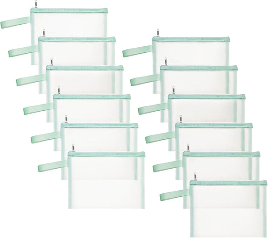 12 Psc Mesh Zipper Pouch Bags,Small Comestic Makeup Bage For Travel, Purse Organizer Pouches (Apple Green, A5*12)