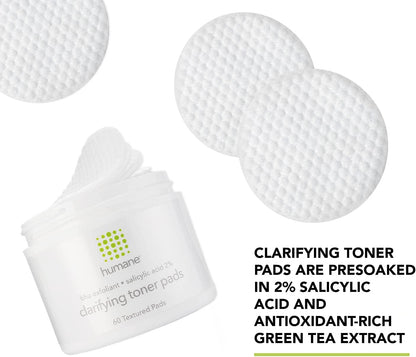 Humane Clarifying Toner Pads for Face - 2% BHA Liquid Salicylic Acid - Pore Minimizer and Facial Exfoliator - Gentle for All Skin Types - Removes Excess Oil, Dead Skin Cells, and Grime - 4 Ounce