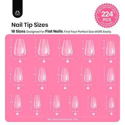 Beetles Tipex Gel Nail Kit Short Coffin Instant Apex Nail Tips, 224 Pcs 16 Sizes Pre-Building Pre-Etched False Nail Tips with Tipex Uv Nail Glue,Mini Nail Lamp-Thick Acrylic Nail Set