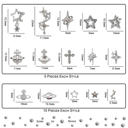120+ Pcs Star Nail Charms Inlaid Rhinestones Gems, Silver Star Planet Cross Nail Art Decorations Shiny Jewelry for Acrylic Nail Accessories for Women Girl Manicure DlY Crafts Supplies