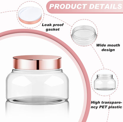 Tessco 24 Pack Plastic Jars with Lids Labels Empty Clear Plastic Jars Round Refillable Cosmetic Containers Body Butter Containers Bulk Sugar Scrub Bottle for Make Up(8 oz,Rose Gold)