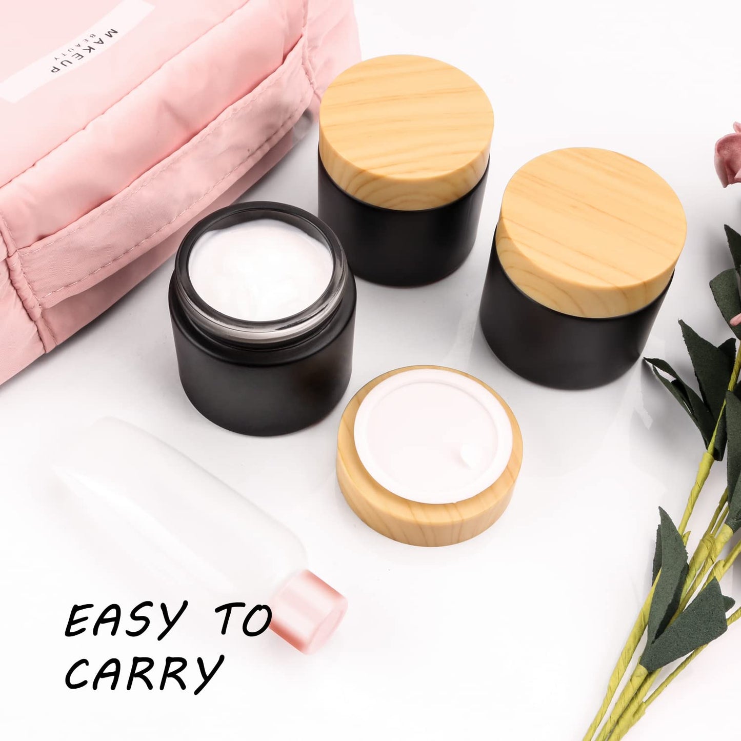 4 Pack 2 oz Black Glass Cream Jar,Empty Frosted Sample Jar Pot with Plastic Lids,Inner Liner Travel Storage Jar Container for Lotion, Eyeshadow,Moisturiser,gel