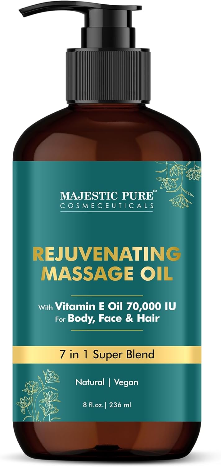 MAJESTIC PURE Vitamin E 70k Blend Massage Oil for Massage Therapy - Refreshing, and Relaxing - Natural Oils with Sweet Almond, Jojoba, Argan & Avocado - for All Skin Types - Men and Women - 8 fl oz