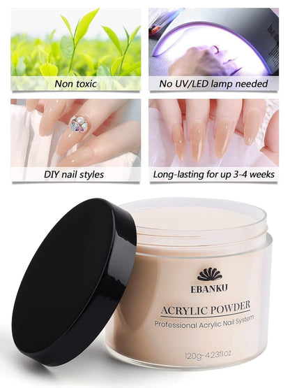 EBANKU Nude Acrylic Powder, 120g/4.23oz Acrylic Powder Large Capacity Professional Acrylic Nail Powder for Nail Acrylic Extension, Nail Carving, Long-Lasting, No Nail Lamp Needed